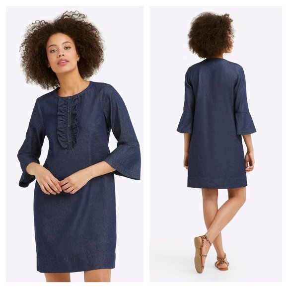 Sz 10 Draper James Chambray Ruffle Shift Dress in Dark Wash - Picture 7 of 16